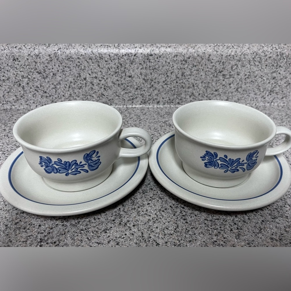 Pfaltzgraff Yorktowne Pattern Blue and White Ceramic Mugs & Saucers - Picture 2 of 16